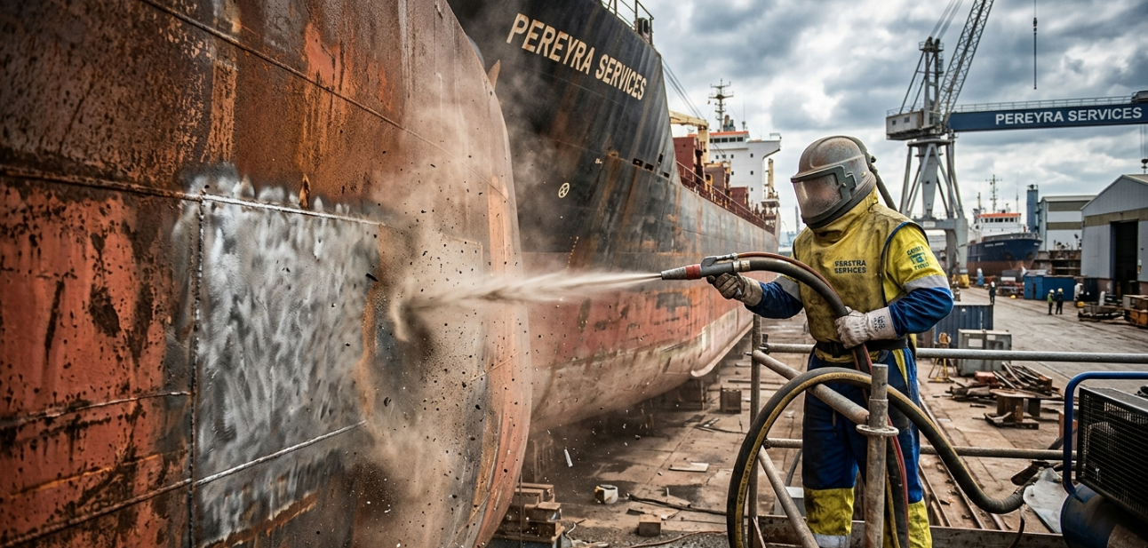 Técnico realizando sandblasting en estructura metálica